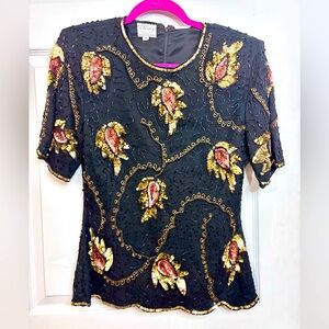 Stenay Black Sequin Beaded Silk Top Women’s Small Vintage 80s 90s embroidered
